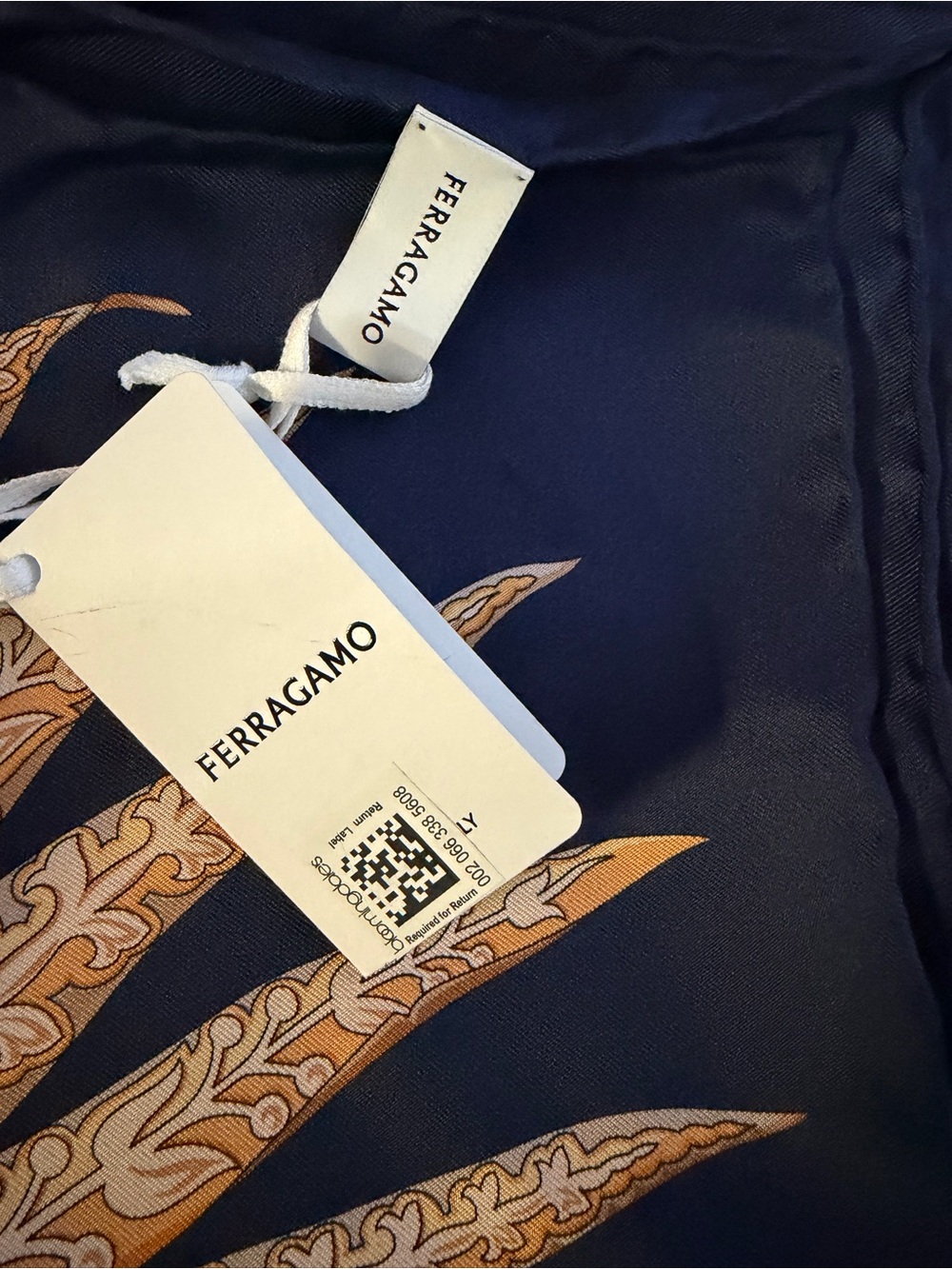 Salvatore Ferragamo Navy and Gold Printed Silk Scarf - Picture 5 of 9